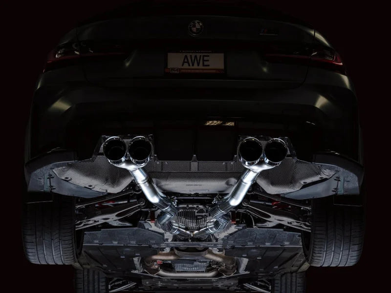 AWE Track Edition Catback Exhaust for BMW G8X M3/M4 - Chrome Silver Tips - Back View