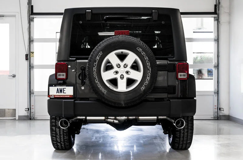 AWE Tuning 07-18 Jeep Wrangler JK/JKU 3.6L Tread Edition Axle-Back Dual Exhaust - Chrome Silver Tips - Installation View