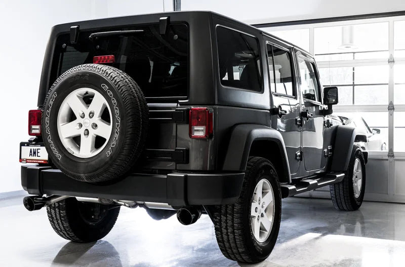 AWE Tuning 07-18 Jeep Wrangler JK/JKU 3.6L Tread Edition Axle-Back Dual Exhaust - Diamond Black Tips - Side View