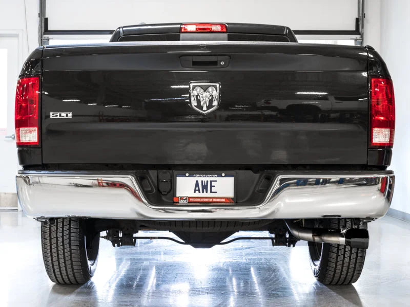 AWE Tuning 09-18 RAM 1500 5.7L (w/o Cutout) 0FG Single Side Exit Cat-Back Exhaust - Diamond Blk Tips - Back View