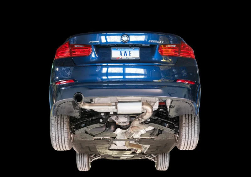 AWE Tuning 13-18 BMW 320i (F30) Touring Edition Exhaust w/ Performance Mid Pipe - Diamond Blk Tips - Side View