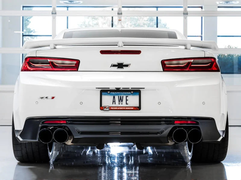 AWE Tuning 16-19 Chevy Camaro SS Resonated Cat-Back Exhaust -Track Edition (Quad Diamond Black Tips) - Back View