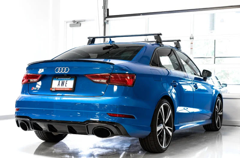 AWE Tuning 17-19 Audi RS3 8V Track Edition Exhaust - Diamond Black Tips RS-Style Tips - Side View