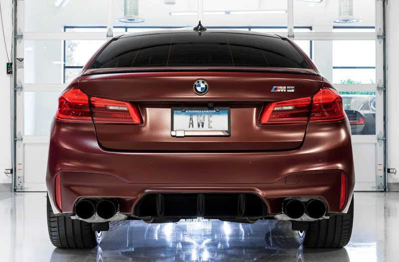 AWE Tuning 18-19 BMW F90 M5 Track Edition Axle-Back Exhaust- Black Diamond Tips - Side View
