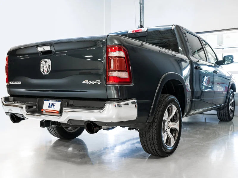 AWE Tuning 19-21 RAM 1500 5.7L (w/Cutouts) 0FG Dual Rear Exit Cat-Back Exhaust - Diamond Black Tips - Back View