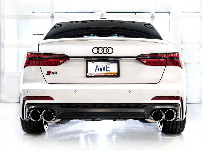 AWE Tuning 19-23 Audi C8 S6/S7 2.9T V6 AWD Track Edition Exhaust - Chrome Silver Tips - Installation View