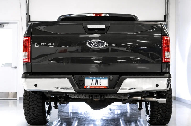 AWE Tuning 2015+ Ford F-150 0FG Single Exit Performance Exhaust System w/4.5in Chrome Silver Tips - Side View