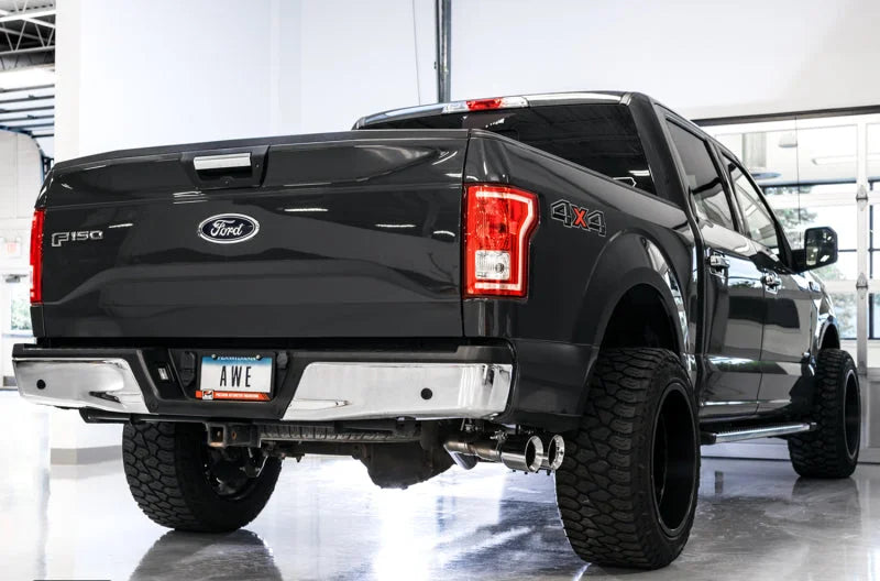 AWE Tuning 2015+ Ford F-150 0FG Single Exit Performance Exhaust System w/4.5in Chrome Silver Tips - Back View