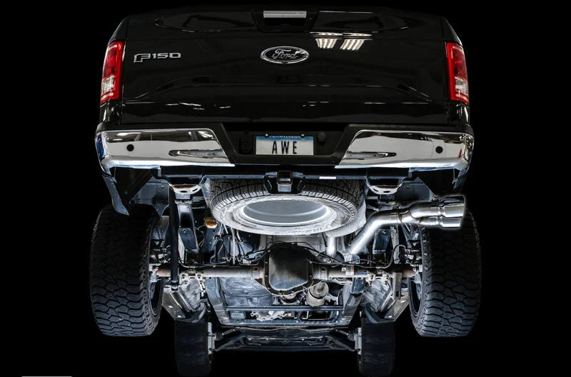 AWE Tuning 2015+ Ford F-150 0FG Single Exit Performance Exhaust System w/4.5in Chrome Silver Tips - Installation View