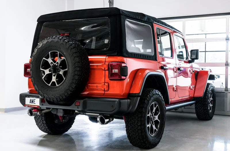 AWE Tuning 2018+ Jeep Wrangler JL/JLU Tread Edition Axle-Back Dual Exhaust - Chrome Silver Tips - Installation View