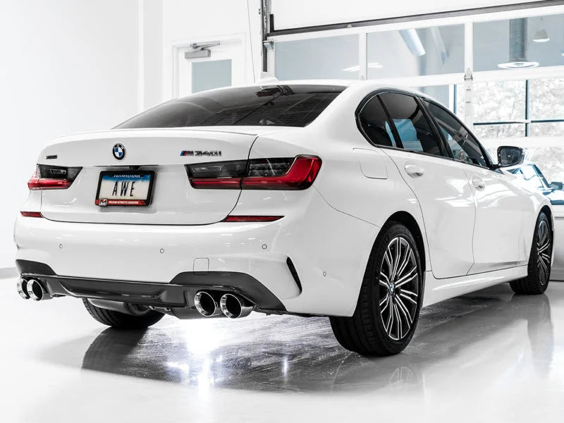 AWE Tuning 2019+ BMW M340i (G20) Non-Resonated Touring Edition Exhaust - Quad Chrome Silver Tips - Side View