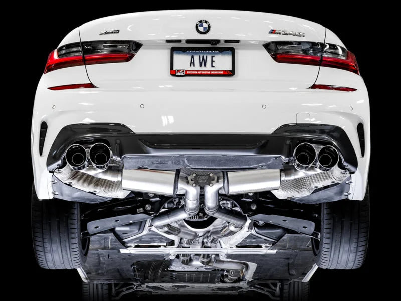 AWE Tuning 2019+ BMW M340i (G20) Resonated Touring Edition Exhaust - Quad Chrome Silver Tips - Back View