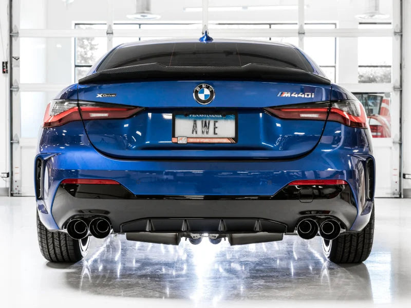 AWE Tuning 2019+ BMW M340i (G20) Resonated Touring Edition Exhaust - Quad Diamond Black Tips - Back View