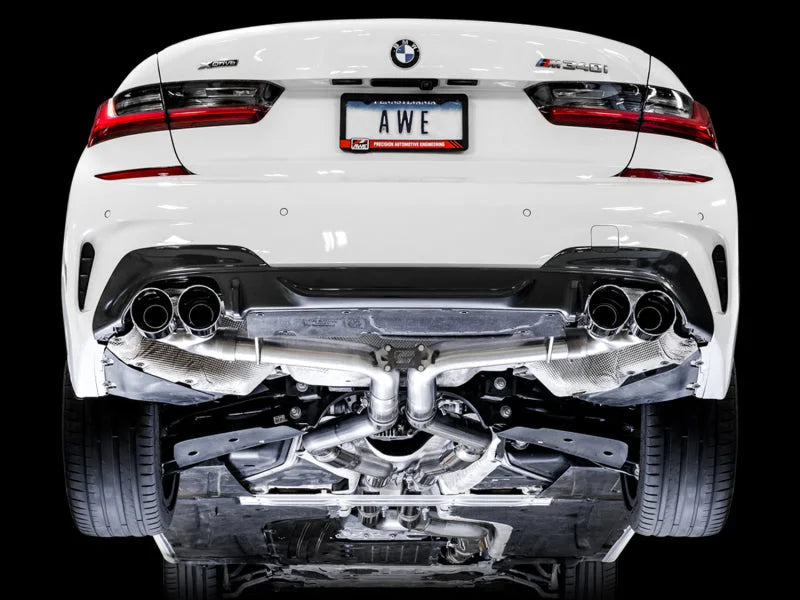 AWE Tuning 2019+ BMW M340i (G20) Track Edition Exhaust - Quad Chrome Silver Tips - Back View