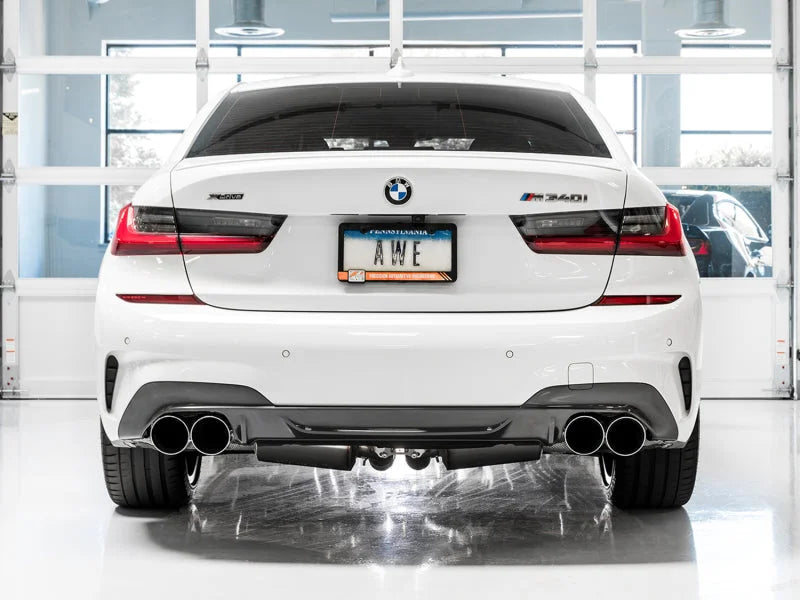 AWE Tuning 2019+ BMW M340i (G20) Track Edition Exhaust - Quad Chrome Silver Tips - Installation View