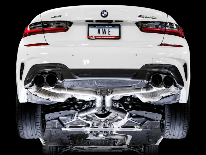 AWE Tuning 2019+ BMW M340i (G20) Track Edition Exhaust - Quad Diamond Black Tips - Back View
