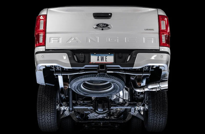 AWE Tuning 2019+ Ford Ranger 0FG Performance Exhaust System w/Chrome Silver Tips & Bash Guard - Back View