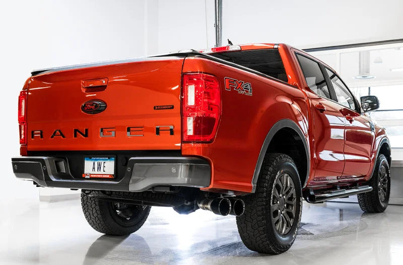 AWE Tuning 2019+ Ford Ranger 0FG Performance Exhaust System w/Diamond Black Tips & Rock Guard - Installation View