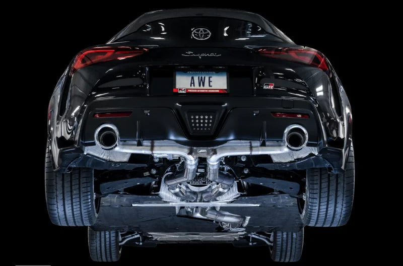 AWE Tuning 2020 Toyota Supra A90 Track Edition Exhaust - 5in Chrome Silver Tips - Side View