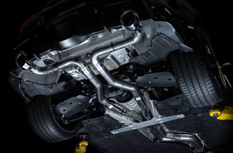 AWE Tuning 2020 Toyota Supra A90 Track Edition Exhaust - 5in Chrome Silver Tips - Back View