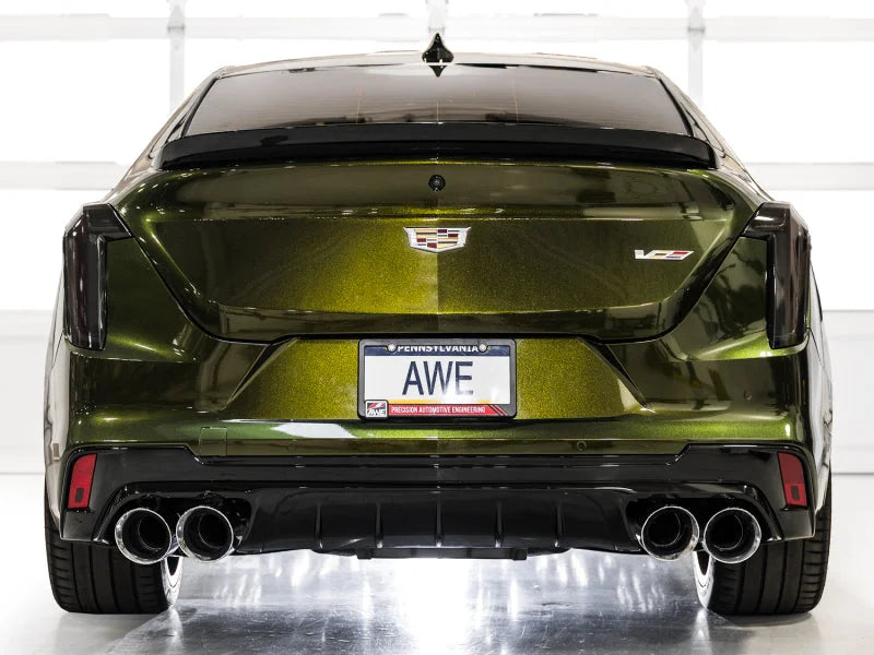 AWE Tuning 2021+ Cadillac CT4-V Blackwing SwitchPath Exhaust - Chrome Silver Tips - Back View