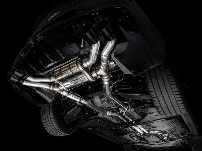 AWE Tuning 2021+ Cadillac CT4-V Blackwing SwitchPath Exhaust - Diamond Black Tips - Back View