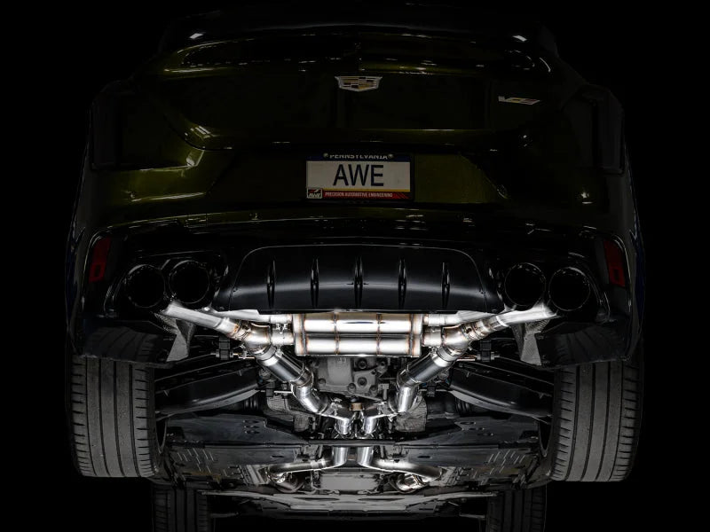 AWE Tuning 2021+ Cadillac CT4-V Blackwing SwitchPath Exhaust - Diamond Black Tips - Installation View