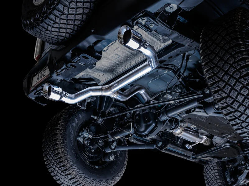 AWE Tuning 2021+ Ford Bronco 0FG Dual Rear Exit Exhaust w/Chrome Silver Tips & Bash Guard - Side View
