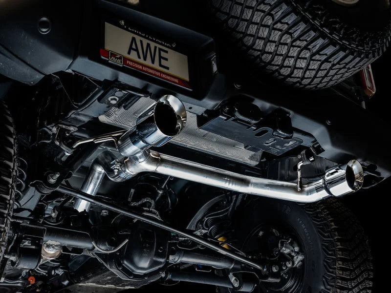 AWE Tuning 2021+ Ford Bronco 0FG Dual Rear Exit Exhaust w/Chrome Silver Tips & Bash Guard - Additional View 6