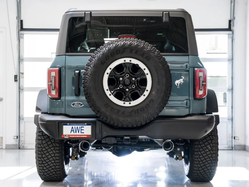 AWE Tuning 2021+ Ford Bronco 0FG Dual Rear Exit Exhaust w/Chrome Silver Tips & Bash Guard - Additional View 7