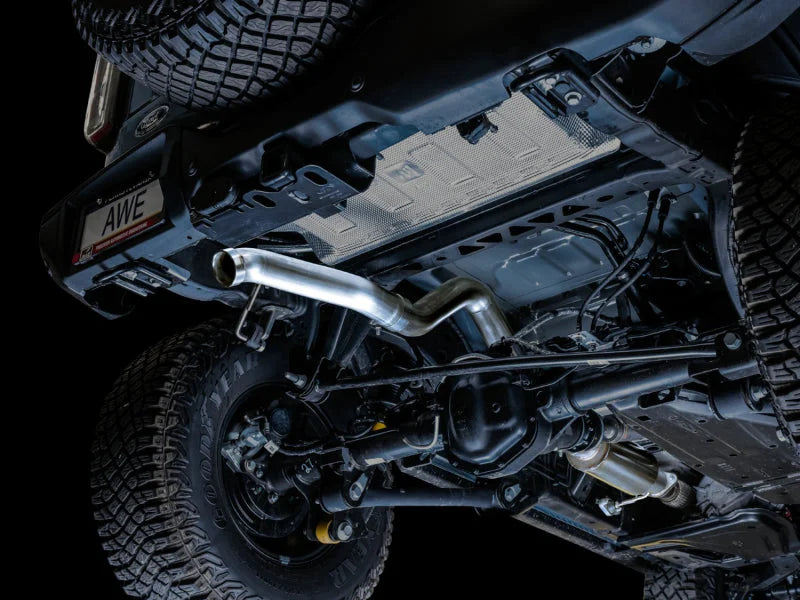 AWE Tuning 2021+ Ford Bronco 0FG Exhaust (No Tips) w/ Bash Guard - Side View