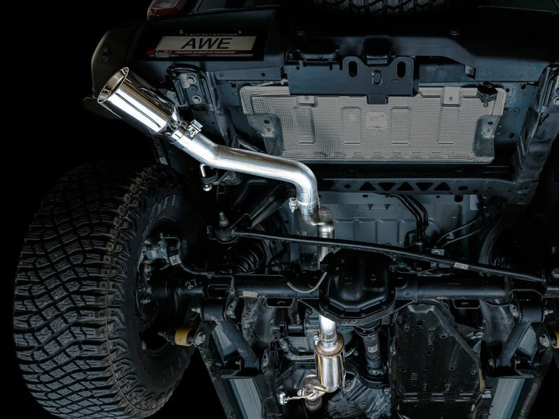 AWE Tuning 2021+ Ford Bronco 0FG Single Rear Exit Exhaust w/Chrome Silver Tip & Bash Guard - Back View
