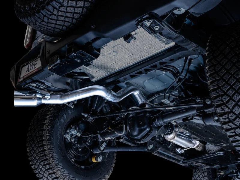 AWE Tuning 2021+ Ford Bronco 0FG Single Rear Exit Exhaust w/Chrome Silver Tip & Bash Guard - Installation View