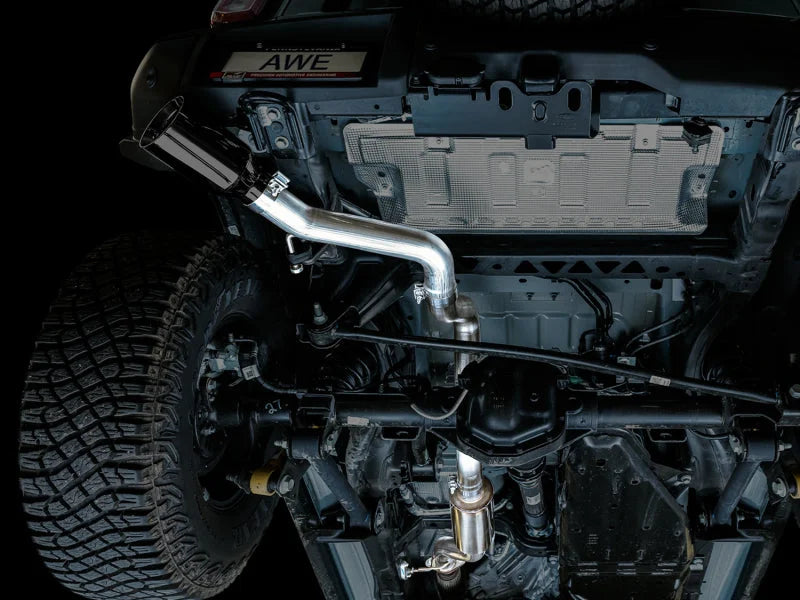 AWE Tuning 2021+ Ford Bronco 0FG Single Rear Exit Exhaust w/Diamond Black Tip & Bash Guard - Side View