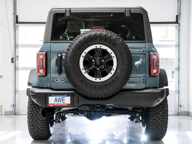 AWE Tuning 2021+ Ford Bronco 0FG Single Rear Exit Exhaust w/Diamond Black Tip & Bash Guard - Back View