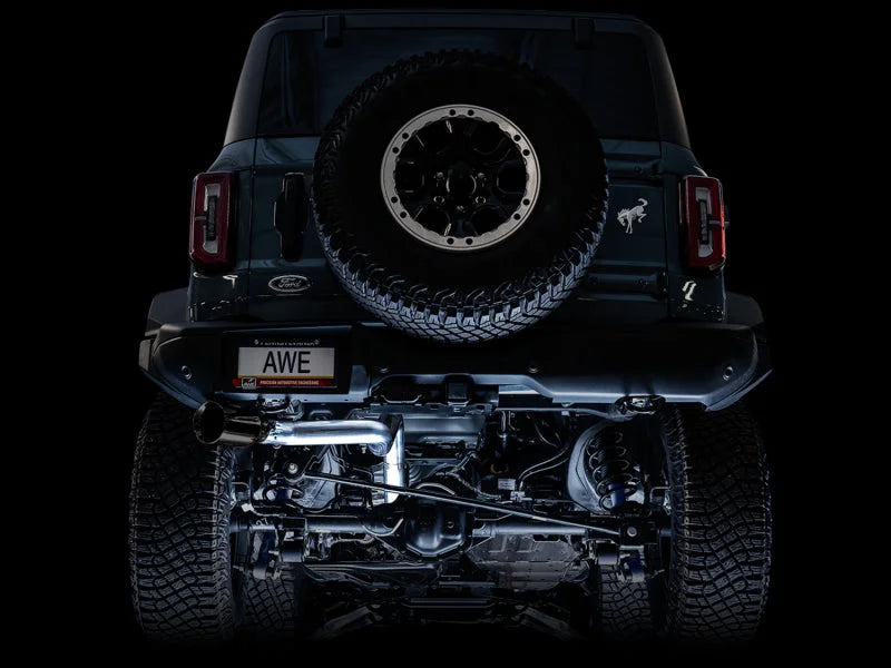 AWE Tuning 2021+ Ford Bronco 0FG Single Rear Exit Exhaust w/Diamond Black Tip & Bash Guard - Installation View