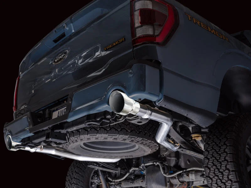 AWE Tuning 2021+ Ford F150 Tremor w/ Bumper Cutouts 0FG Non-Resonated Cat-Back w/ Chrome Silver Tips - Side View