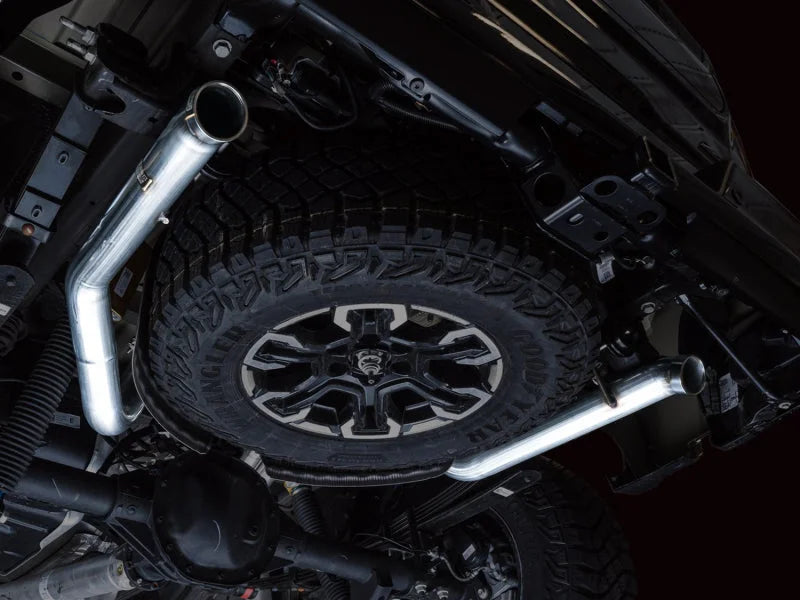 AWE Tuning 22-23 GMC Sierra 1500 AT4X 6.2L 0FG Catback Split Dual (Flat Bumper) - Bashguard(No Tips) - Side View