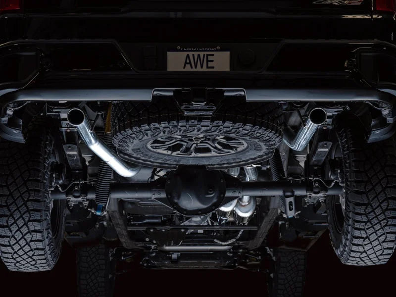 AWE Tuning 22-23 GMC Sierra 1500 AT4X 6.2L 0FG Catback Split Dual (Flat Bumper) - Bashguard(No Tips) - Installation View