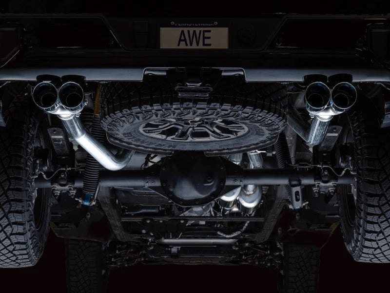 AWE Tuning 22-23 GMC Sierra 1500 AT4X 6.2L 0FG Catback Split Dual (Flat Bumper) - Chrome Silver Tips - Side View