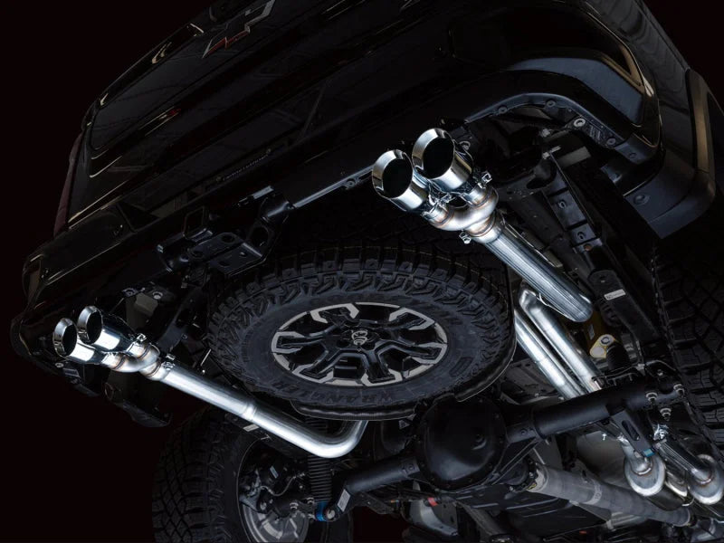 AWE Tuning 22-23 GMC Sierra 1500 AT4X 6.2L 0FG Catback Split Dual (Flat Bumper) - Chrome Silver Tips - Back View