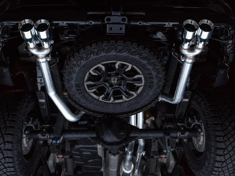 AWE Tuning 22-23 GMC Sierra 1500 AT4X 6.2L 0FG Catback Split Dual (Flat Bumper) - Chrome Silver Tips - Installation View
