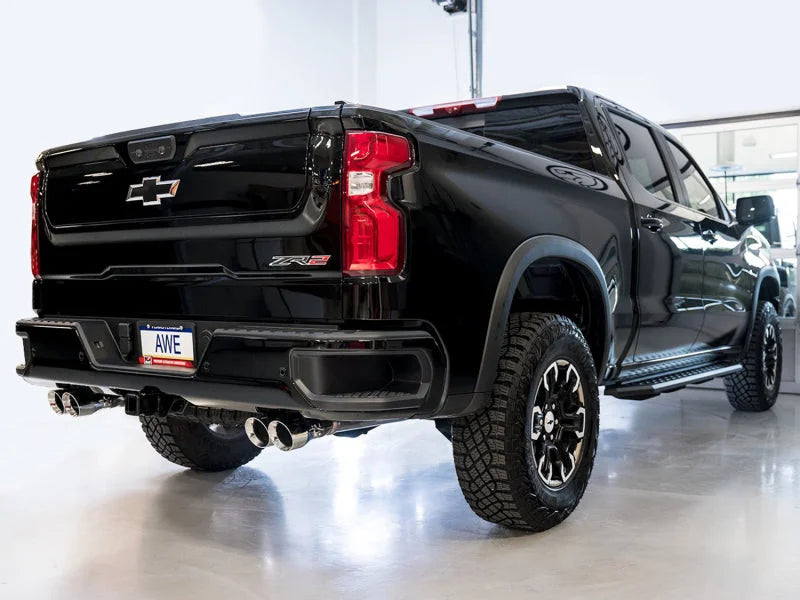 AWE Tuning 22-23 GMC Sierra 1500 AT4X 6.2L 0FG Catback Split Dual (Flat Bumper) - Chrome Silver Tips - Additional View 7