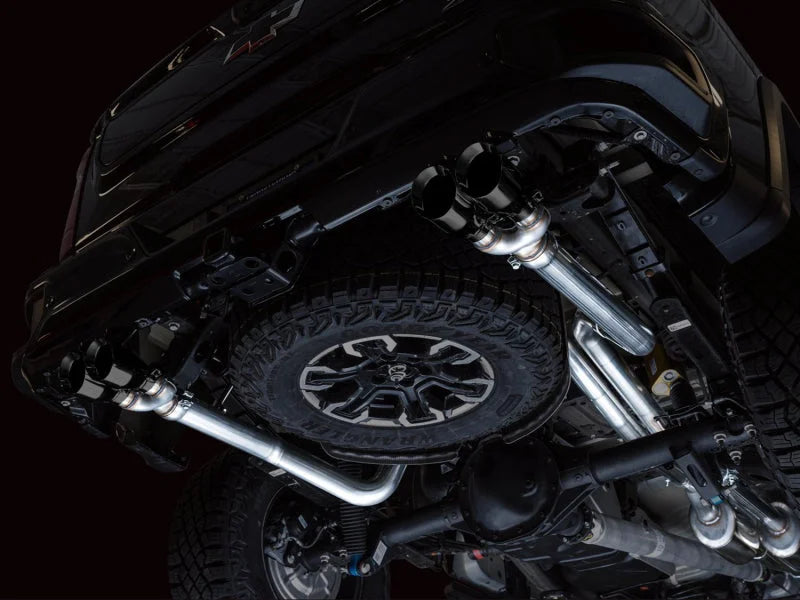 AWE Tuning 22-23 GMC Sierra 1500 AT4X 6.2L 0FG Catback Split Dual (Flat Bumper) - Diamond Black Tips - Installation View