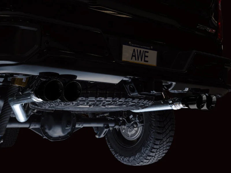 AWE Tuning 22-23 GMC Sierra 1500 AT4X 6.2L 0FG Catback Split Dual (Flat Bumper) - Diamond Black Tips - Additional View 6
