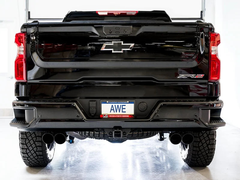 AWE Tuning 22-23 GMC Sierra 1500 AT4X 6.2L 0FG Catback Split Dual (Flat Bumper) - Diamond Black Tips - Additional View 8
