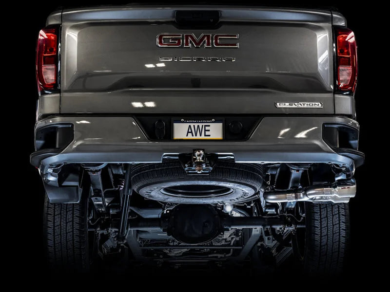 AWE Tuning 4th Gen GM 1500 5.3L 0FG Catback Dual Side Exit (Flat Bumper) - Chrome Tips - Side View