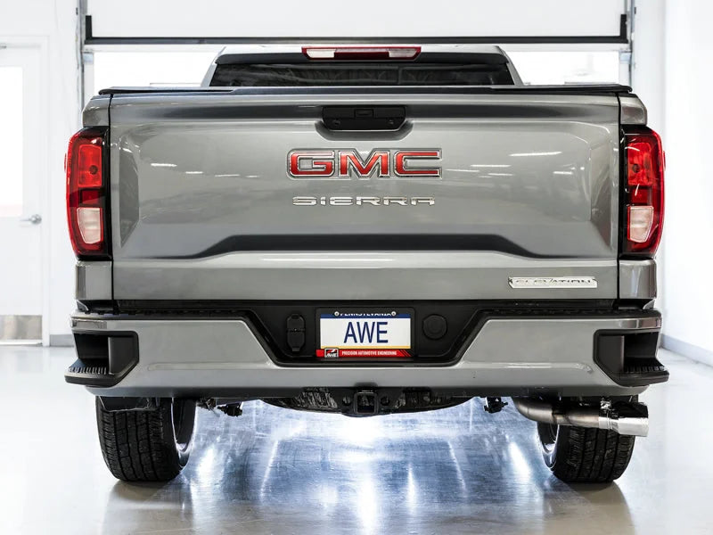 AWE Tuning 4th Gen GM 1500 5.3L 0FG Catback Dual Side Exit (Flat Bumper) - Chrome Tips - Installation View