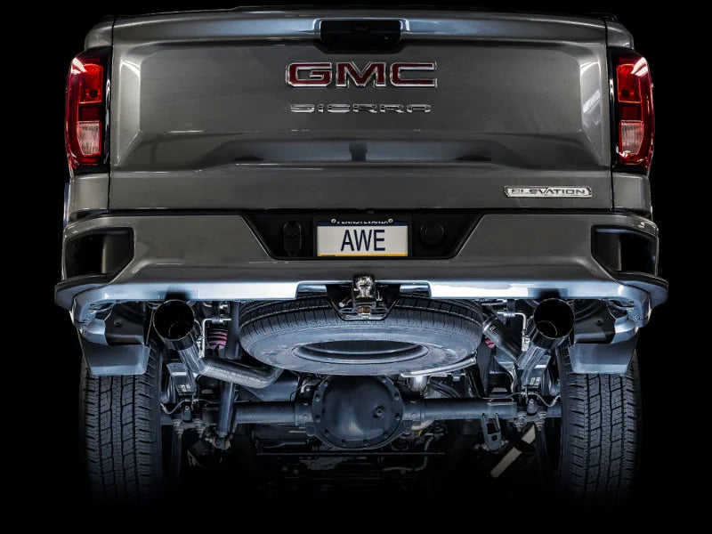 AWE Tuning 4th Gen GM 1500 5.3L 0FG Catback Split Rear Exit (Flat Bumper) - Dual Diamond Tips - Installation View