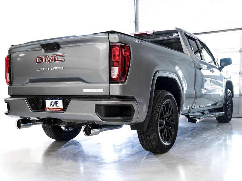 AWE Tuning 4th Gen GM 1500 5.3L 0FG Catback Split Rear Exit (Flat Bumper) - Quad Chrome Tips - Back View